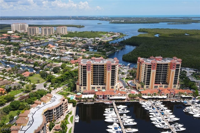 drone / aerial view with a water view