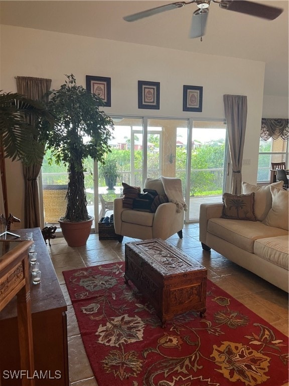 living room featuring ceiling fan