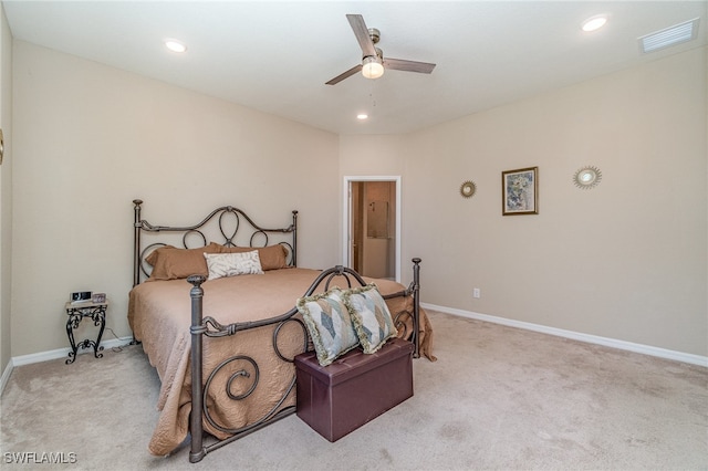 carpeted bedroom with ceiling fan