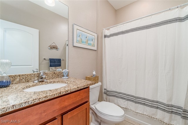 full bathroom with toilet, shower / tub combo with curtain, and vanity