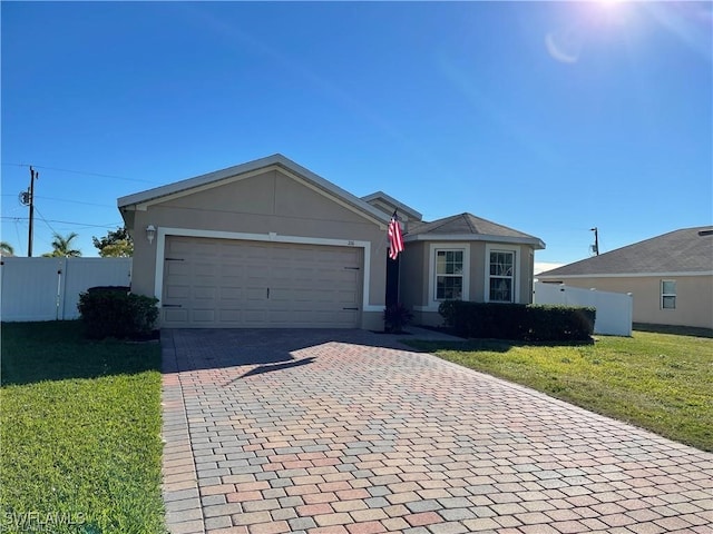 single story home with a garage and a front yard