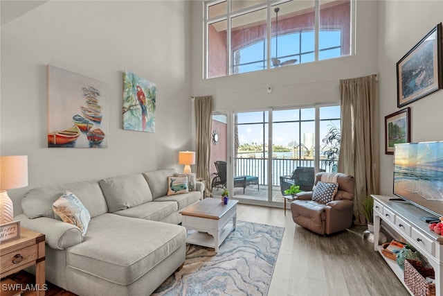 living room featuring hardwood / wood-style flooring and a towering ceiling