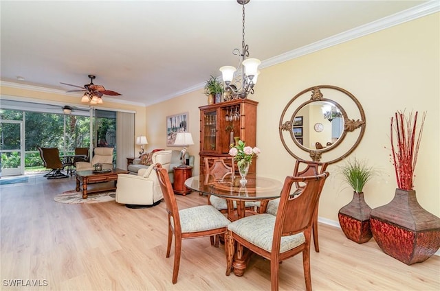 dining area with ceiling fan with notable chandelier, light hardwood / wood-style floors, and crown molding