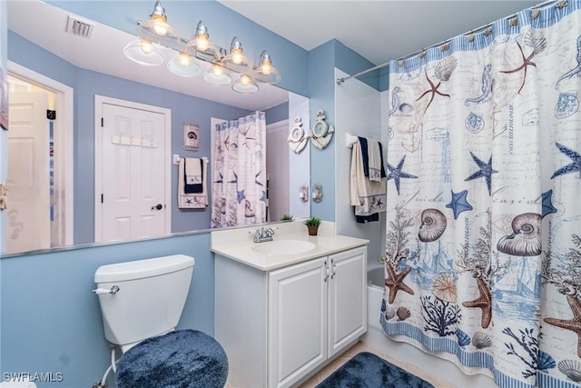 full bathroom featuring vanity, shower / bath combination with curtain, and toilet