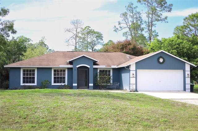 ranch-style home with a garage and a front yard