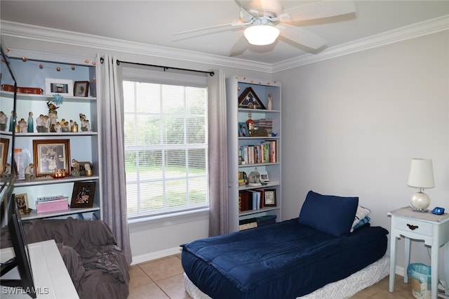 bedroom featuring multiple windows, crown molding, light tile patterned flooring, and ceiling fan