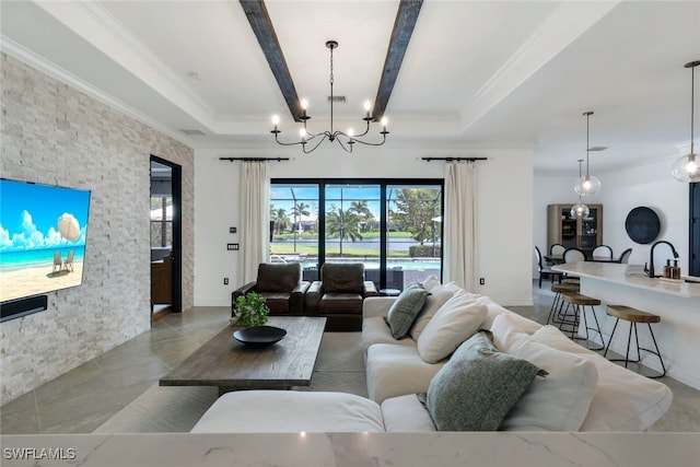 tiled living room with beamed ceiling, sink, and an inviting chandelier