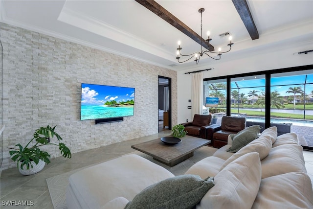 living room featuring a notable chandelier and beamed ceiling