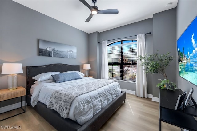 bedroom featuring light hardwood / wood-style floors and ceiling fan