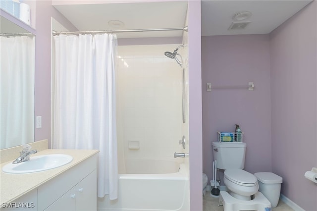 full bathroom with vanity, toilet, and shower / bath combination with curtain