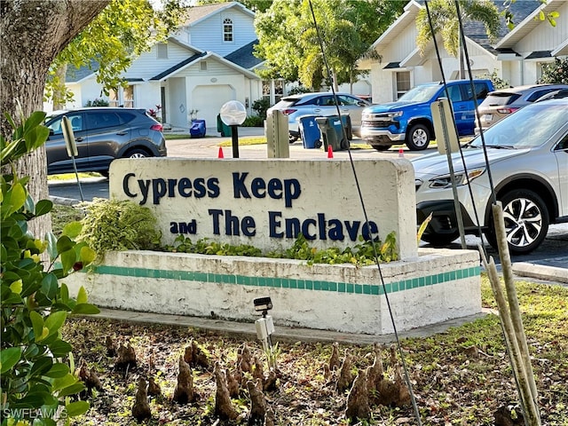 community sign with a garage