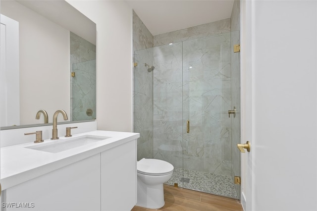 bathroom with wood-type flooring, vanity, toilet, and an enclosed shower