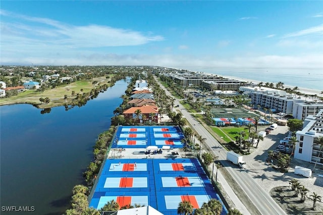 drone / aerial view featuring a water view