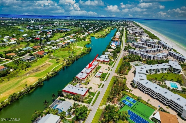 aerial view featuring a water view