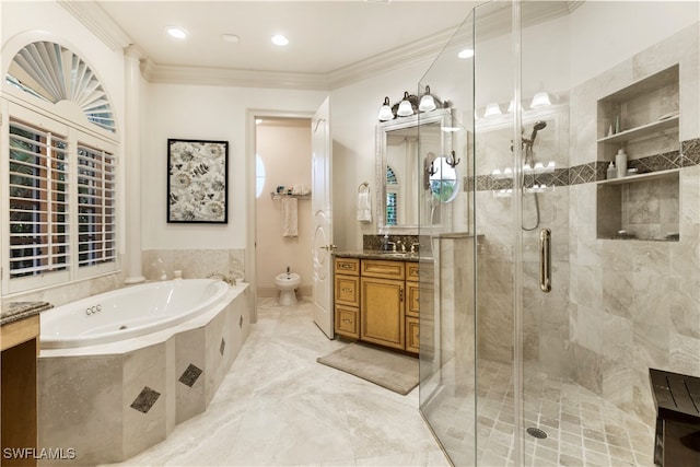 full bathroom with separate shower and tub, toilet, vanity, crown molding, and a bidet