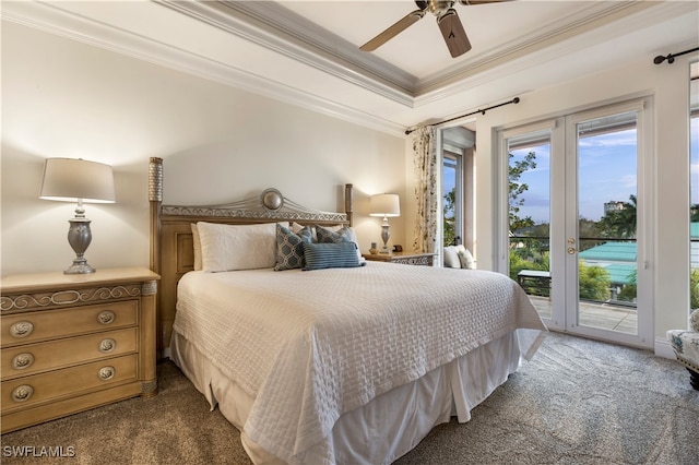 bedroom with ornamental molding, access to exterior, dark carpet, and ceiling fan