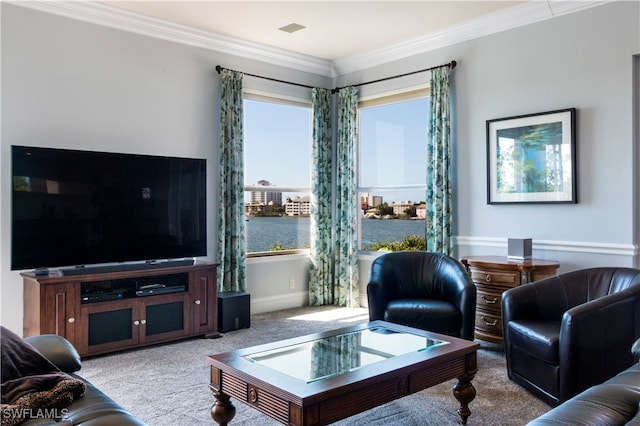 living room with light carpet and ornamental molding