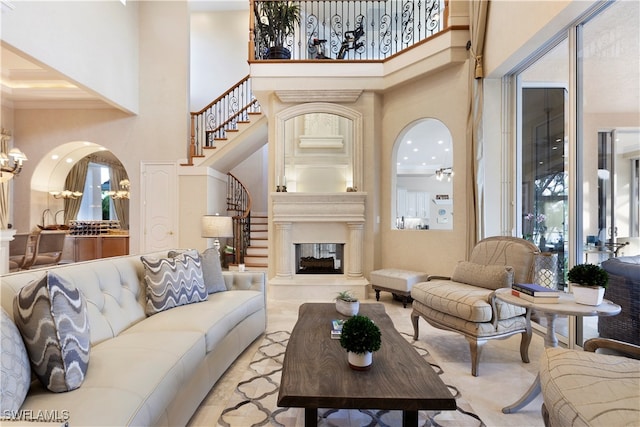 living room featuring a high ceiling