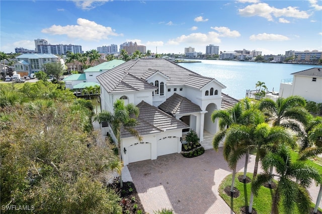 bird's eye view with a water view