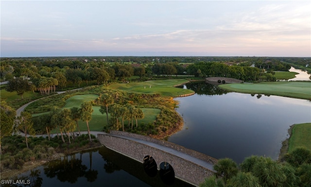 aerial view at dusk with a water view