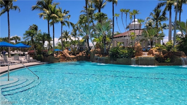 view of pool featuring pool water feature