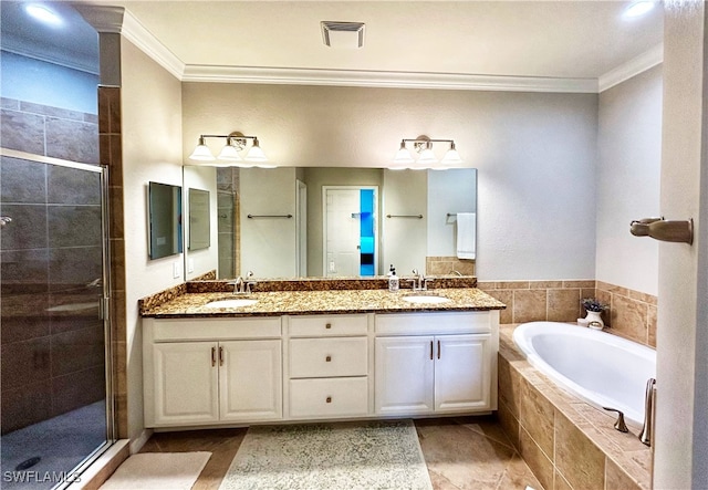 bathroom with tile patterned floors, vanity, ornamental molding, and independent shower and bath