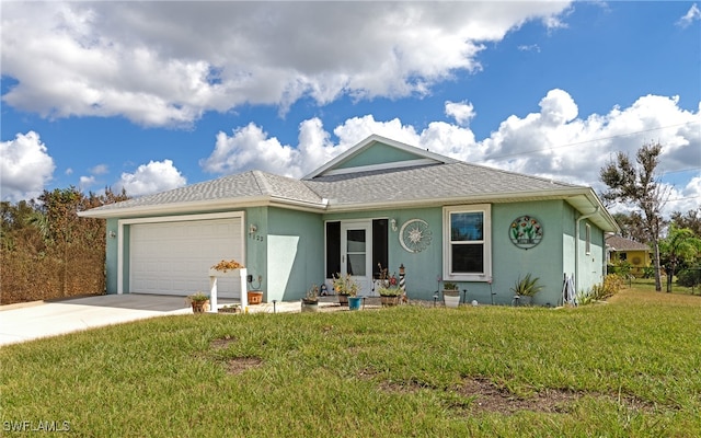 single story home with a front lawn and a garage