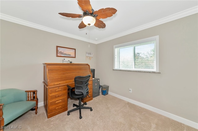 carpeted home office with crown molding and ceiling fan