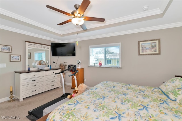 carpeted bedroom featuring ornamental molding, a raised ceiling, and ceiling fan