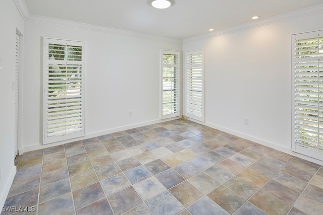 unfurnished room with ornamental molding and plenty of natural light