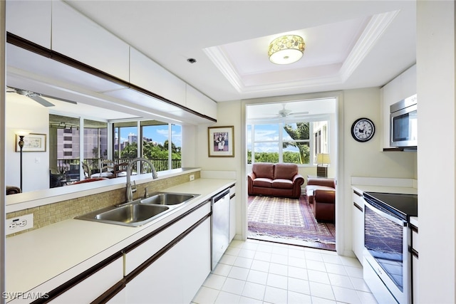 kitchen featuring white cabinets, stainless steel appliances, a raised ceiling, and a wealth of natural light