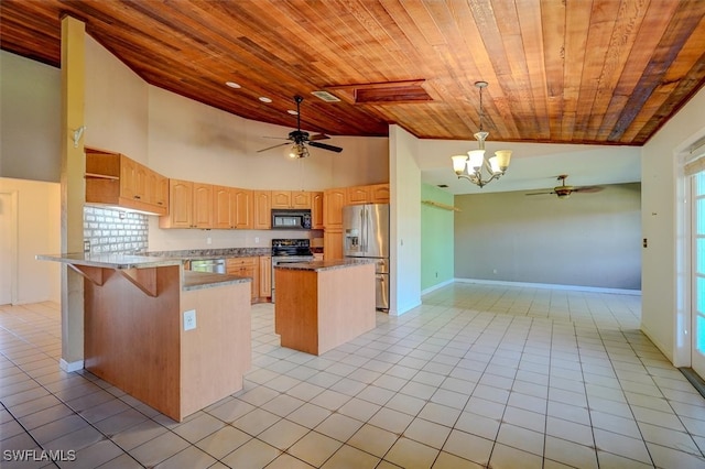 kitchen featuring wood ceiling, black appliances, a center island, and hanging light fixtures