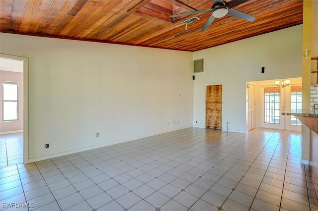 spare room with wood ceiling, a healthy amount of sunlight, and ceiling fan with notable chandelier