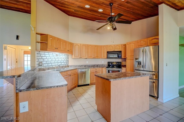 kitchen featuring wood ceiling, high vaulted ceiling, appliances with stainless steel finishes, and a kitchen island