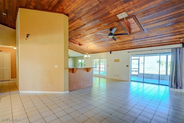 tiled empty room featuring wood ceiling, lofted ceiling, and ceiling fan