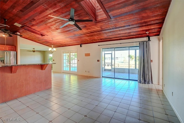 interior space with light tile patterned flooring, french doors, ceiling fan, wooden ceiling, and vaulted ceiling