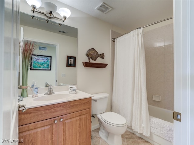 full bathroom featuring vanity, tile patterned floors, toilet, and shower / bathtub combination with curtain