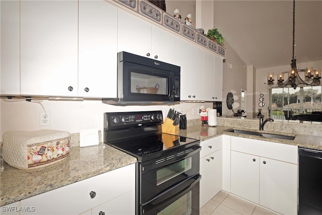 kitchen with black appliances, white cabinets, sink, and a chandelier