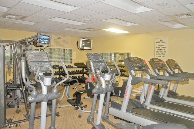 exercise room with a drop ceiling and carpet