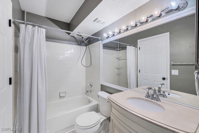 full bathroom featuring visible vents, toilet, a textured ceiling, shower / bath combination with curtain, and vanity