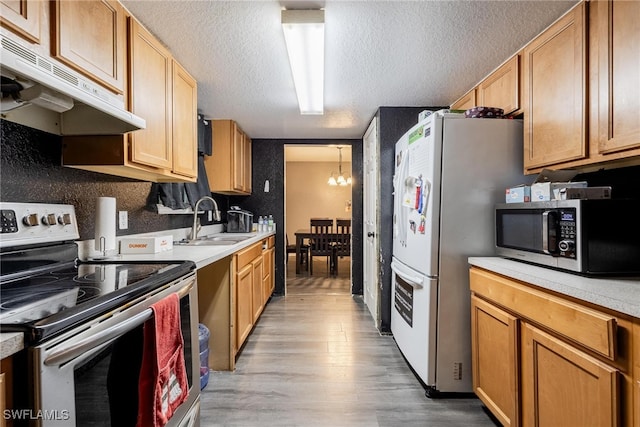 kitchen with light hardwood / wood-style flooring, stainless steel appliances, sink, an inviting chandelier, and a textured ceiling