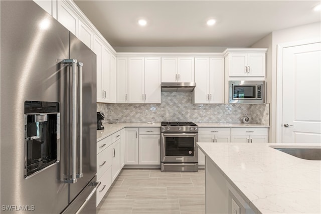 kitchen with white cabinetry, light stone countertops, stainless steel appliances, and tasteful backsplash