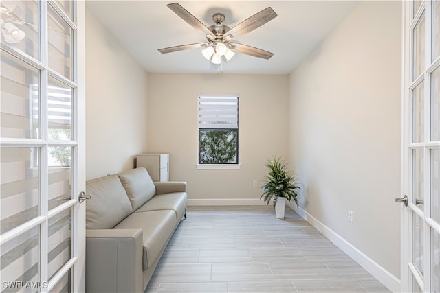 interior space featuring ceiling fan