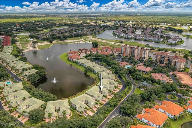 drone / aerial view featuring a water view