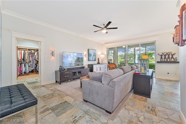 living room with crown molding and ceiling fan