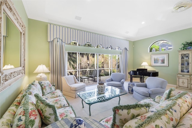 living room featuring light colored carpet, plenty of natural light, and ornamental molding