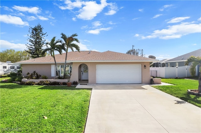 ranch-style home with a front yard and a garage