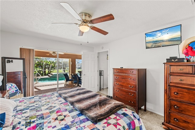 bedroom featuring light colored carpet, a textured ceiling, access to outside, and ceiling fan