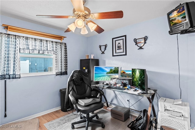 office area featuring light wood-type flooring and ceiling fan