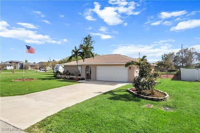 ranch-style house with a front lawn and a garage